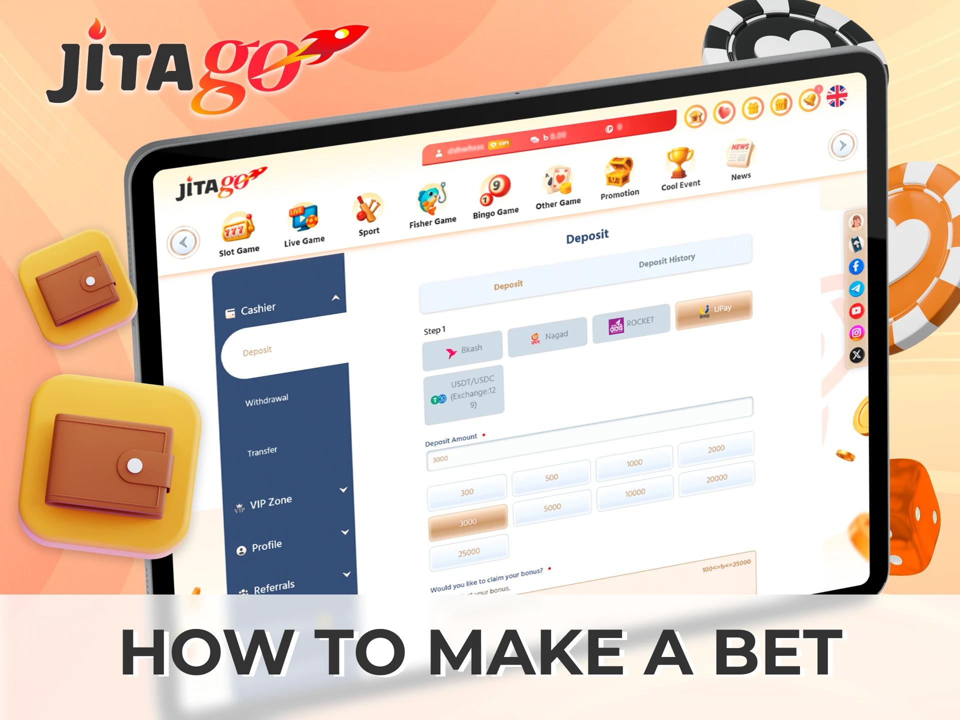 Place sports bets quickly on the official Jitago app by depositing funds, selecting matches, and receiving winnings automatically.