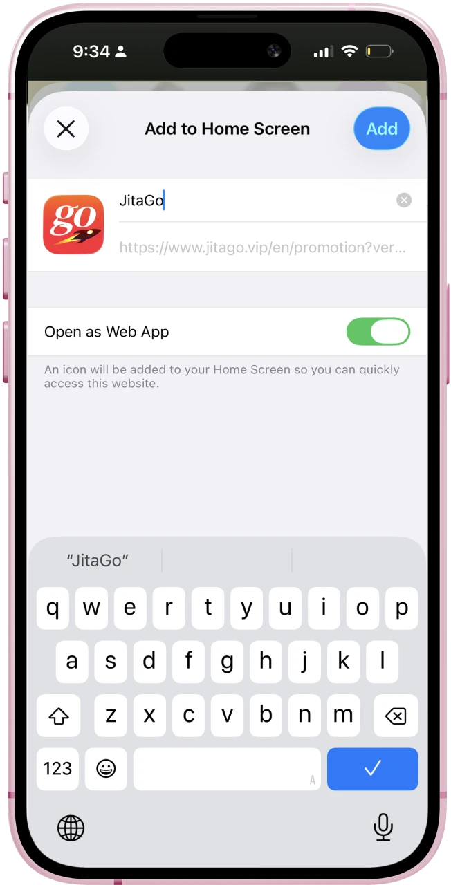 Choose add to home screen and confirm to create the Jitago app icon.