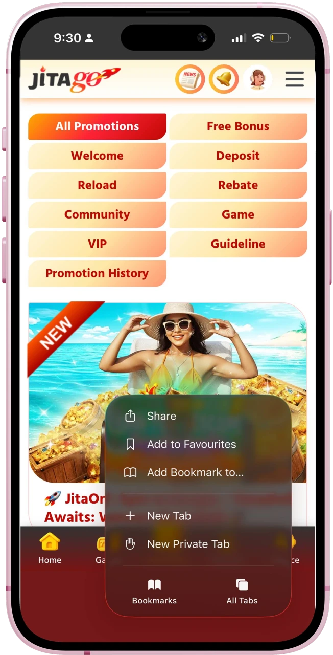 Tap the share button in Safari to access iOS options for installing Jitago.
