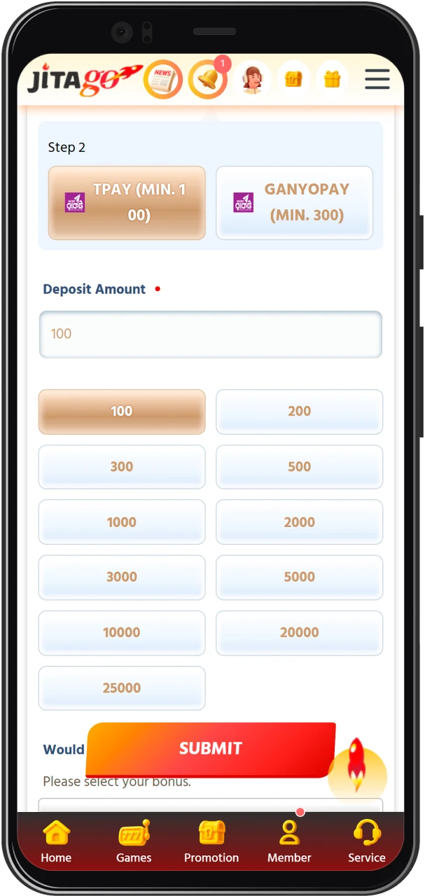 Input the deposit amount starting from 100 BDT when topping up your Jitago account.