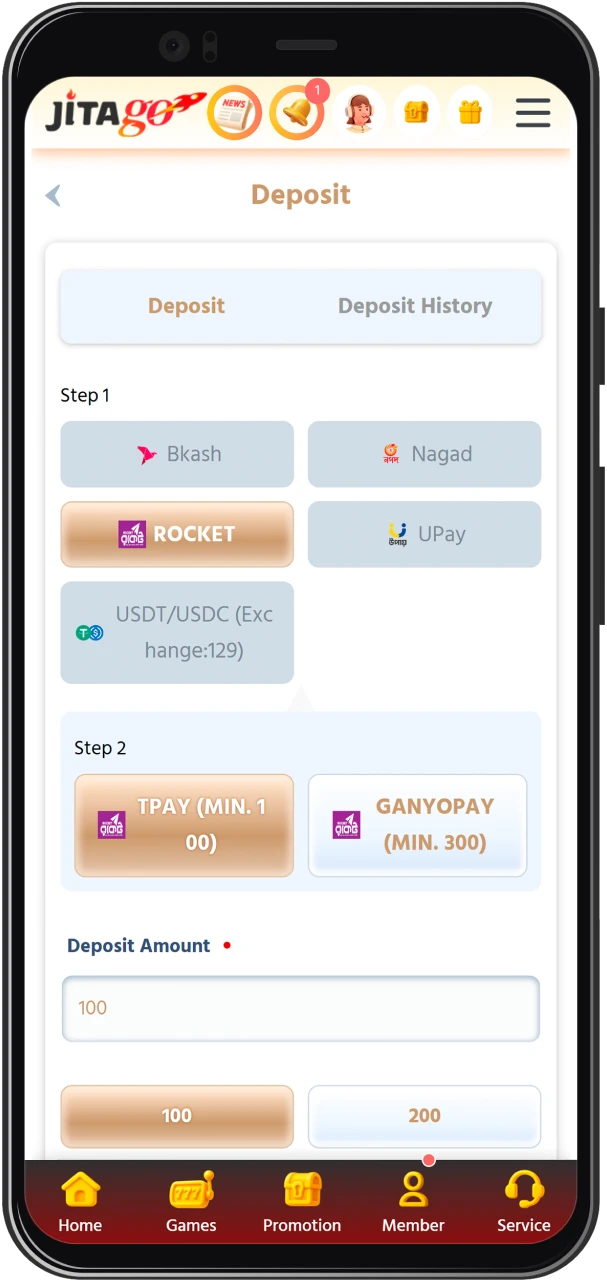 Choose your preferred payment method in the Jitago wallet section to add funds.