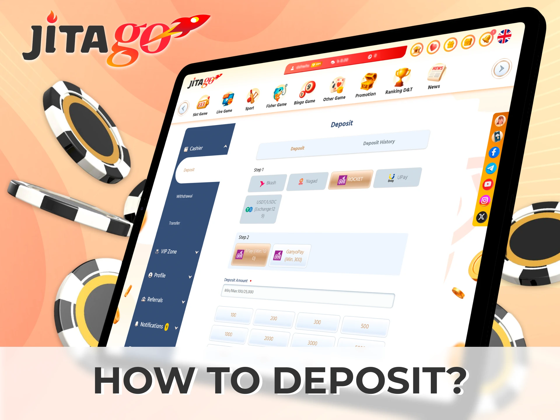 Add money instantly to your Jitago account and start playing casino or sports.