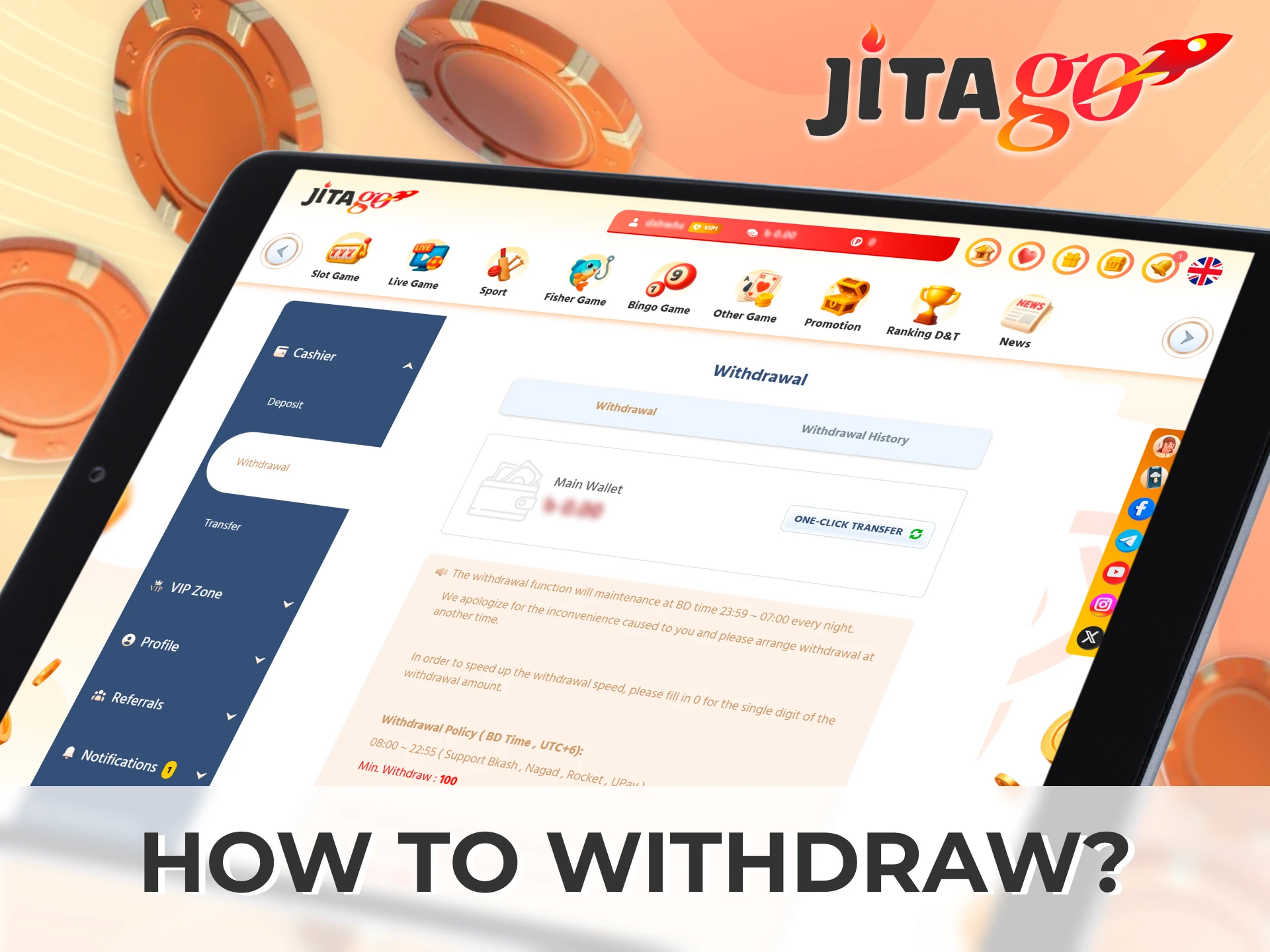Request a payout from your Jitago balance and get money safely and fast.