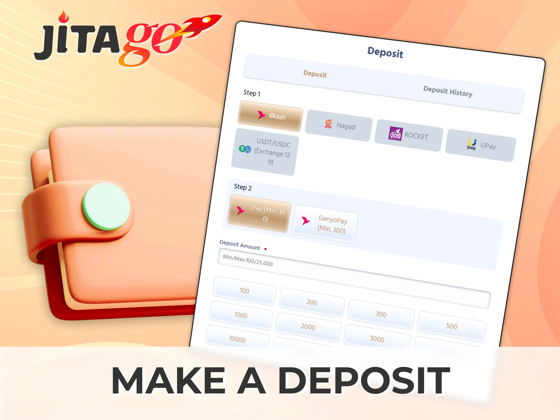 Make a secure deposit at Jitago and start playing casino or betting today.