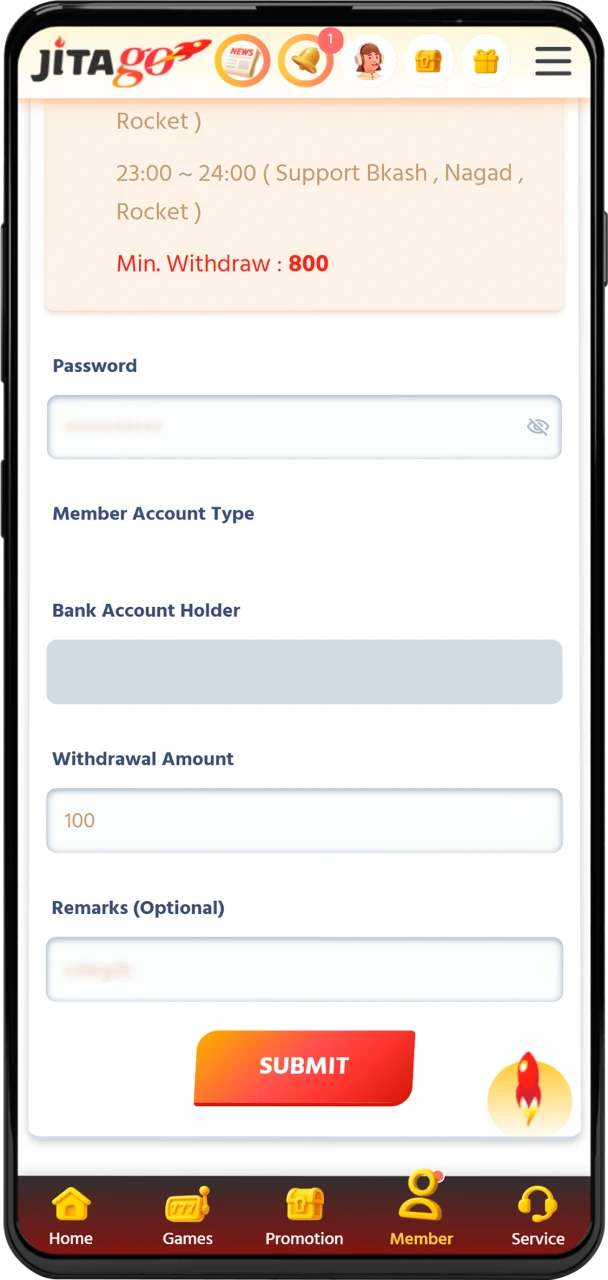 Review withdrawal information and confirm your request securely on Jitago.