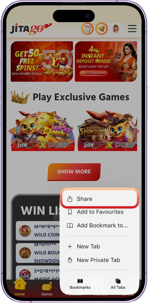 Tap the share button in Safari to access iOS options for installing Jitago.